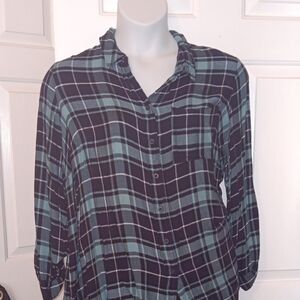 Lane Bryant Teal and Black Plaid Button-Front Shirt